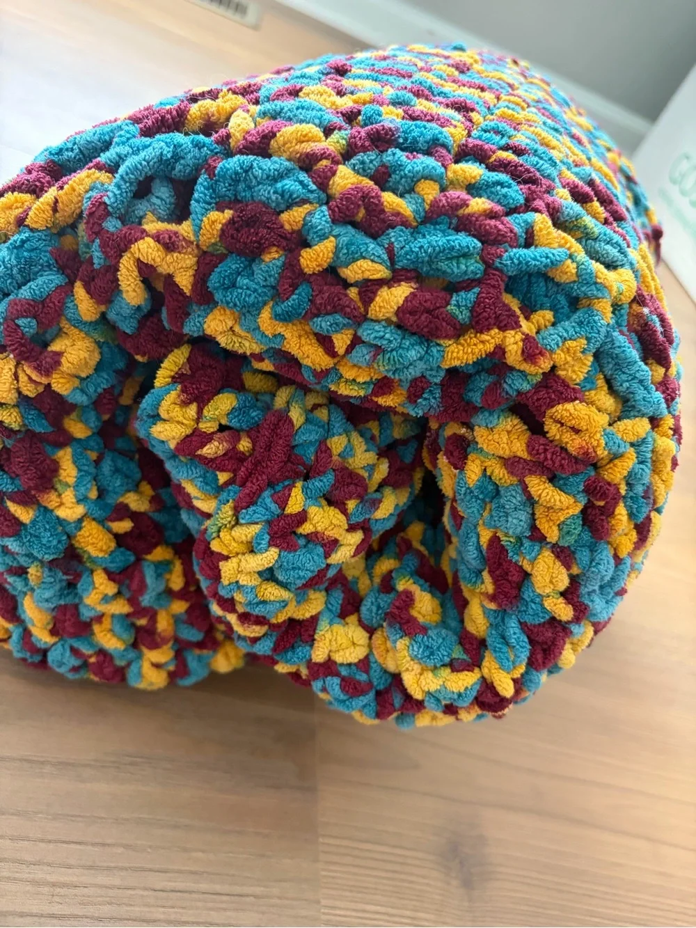 Handmade Chunky Knit Throw Blanket Crochet Plush Chenille Teal Burgundy Gold
